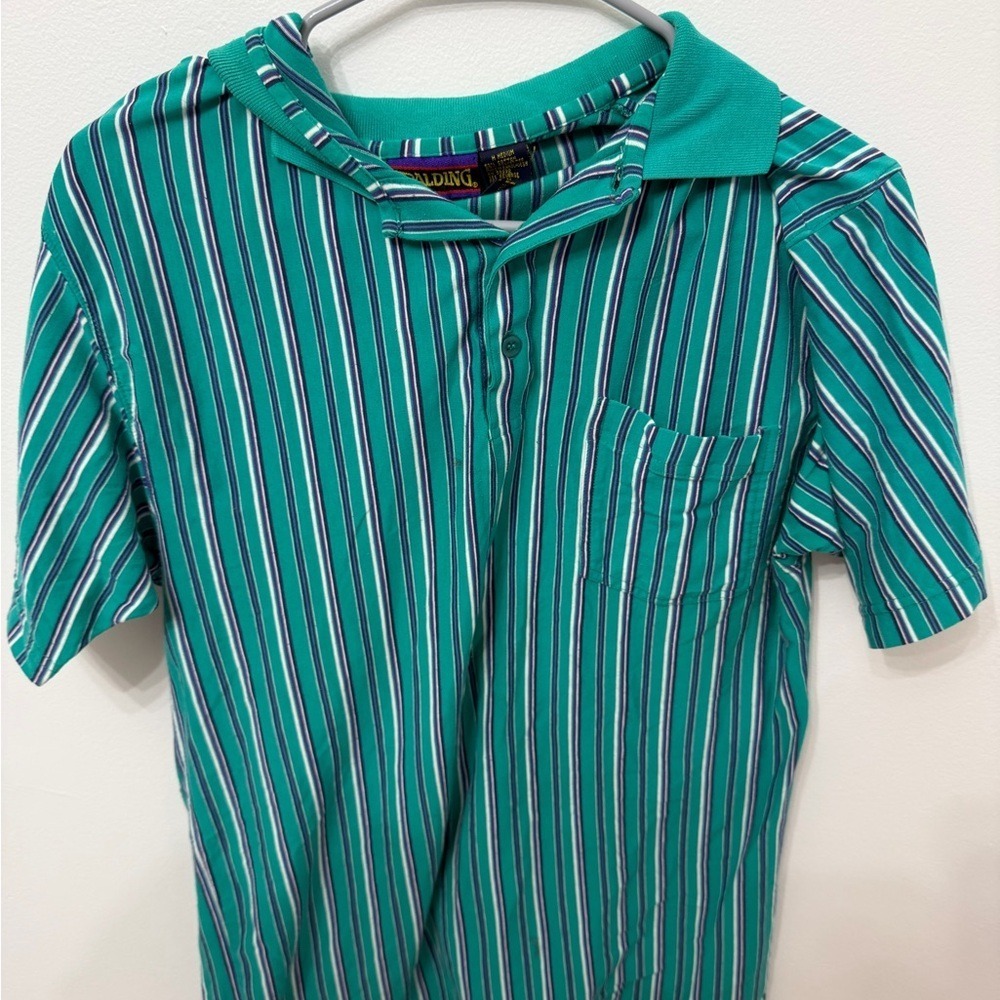 Vintage Spalding Teal, Navy & White Striped Polo Shirt